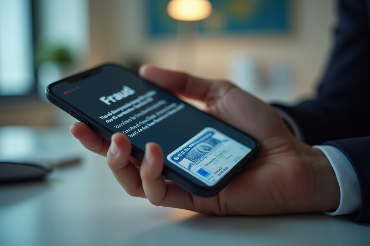 Main tenant un smartphone avec alerte de fraude et carte de sécurité sociale
