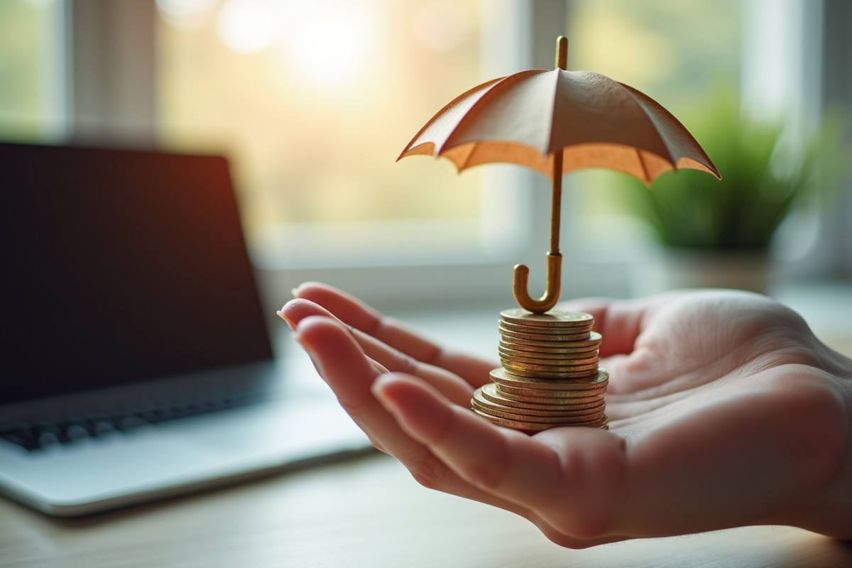Main tenant des pièces de monnaie avec parapluie symbolique sur bureau