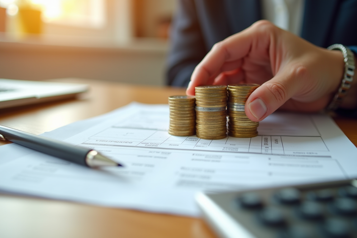 Main tenant des euros et un formulaire fiscal sur un bureau en bois