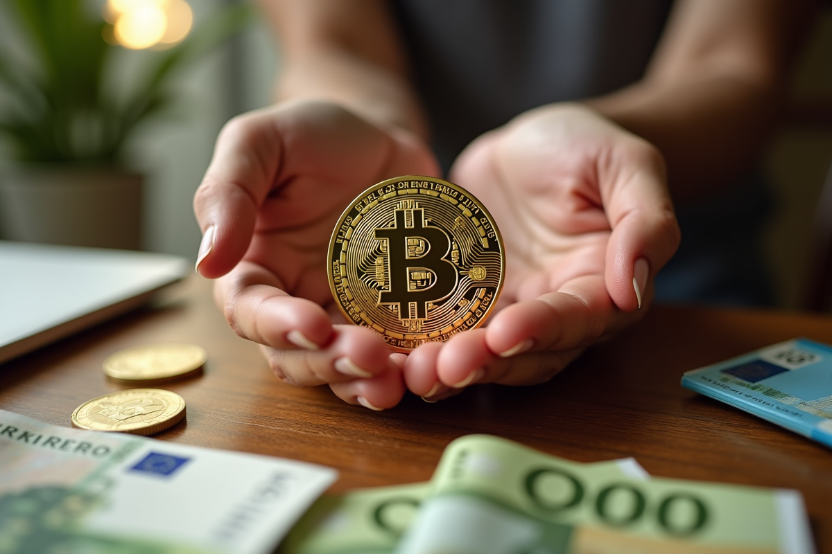 Mains tenant une pièce de bitcoin en or au-dessus de billets d