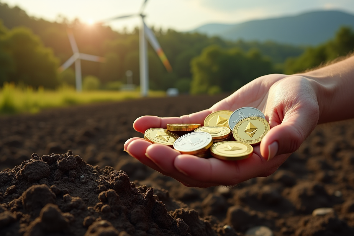 Personne tenant des pièces d Ethereum sur sol sec avec forêt en arrière-plan