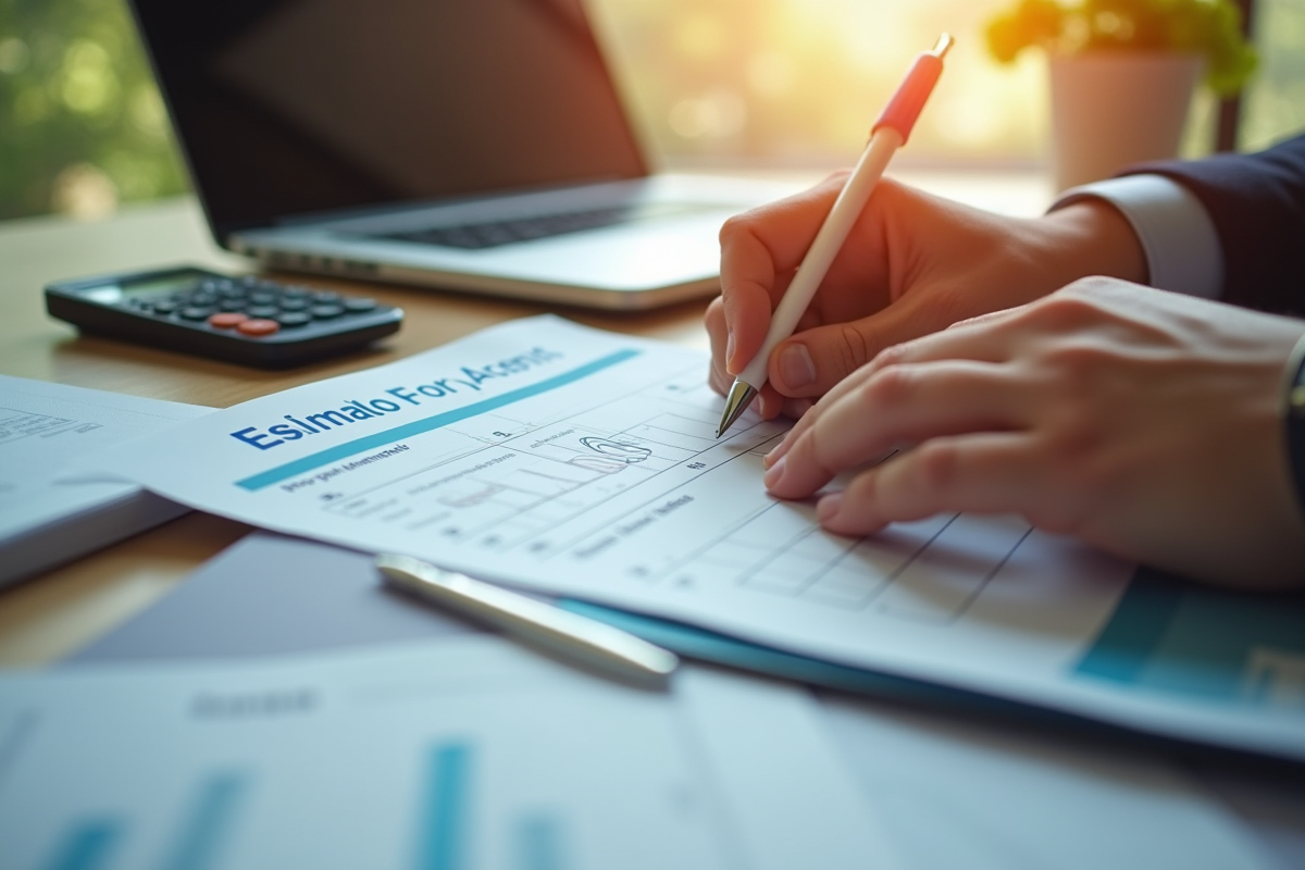 Mains tenant un formulaire de pension avec calculatrice