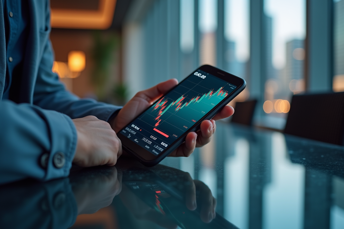 Main tenant un smartphone affichant les cours boursiers en direct