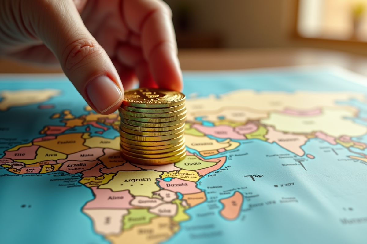 Main empilant des pièces de bitcoin sur une carte