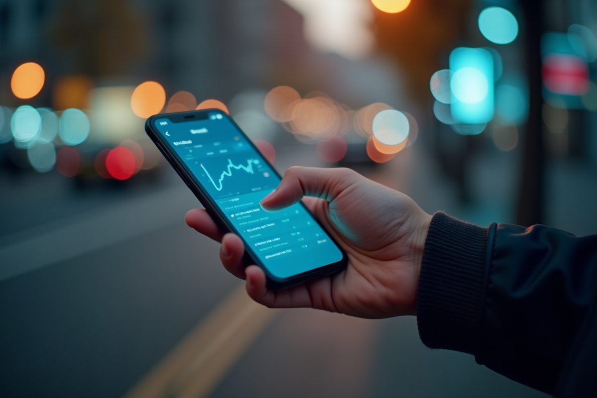 Main tenant un smartphone affichant le graphique du S P 500 sur une table en bois