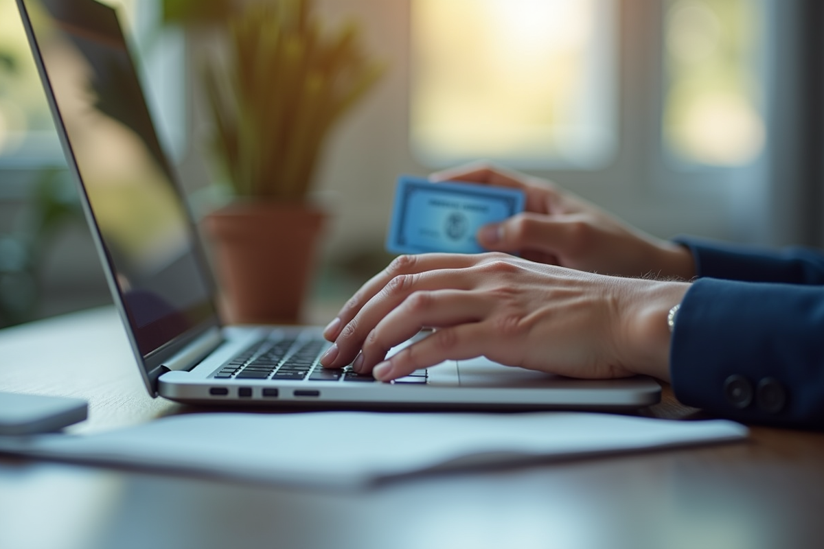 Main tenant une carte American Express au-dessus d'un ordinateur portable