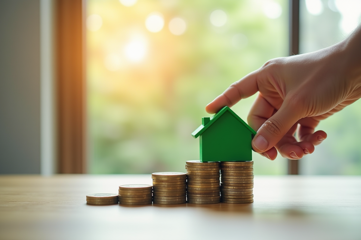 Main posant une petite maison verte sur des pièces d euro empilées