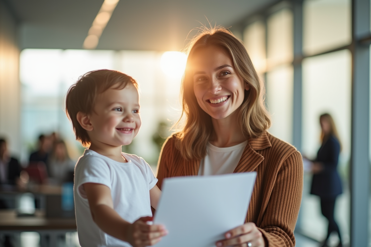 Maman souriante avec documents et enfant dans un bureau moderne