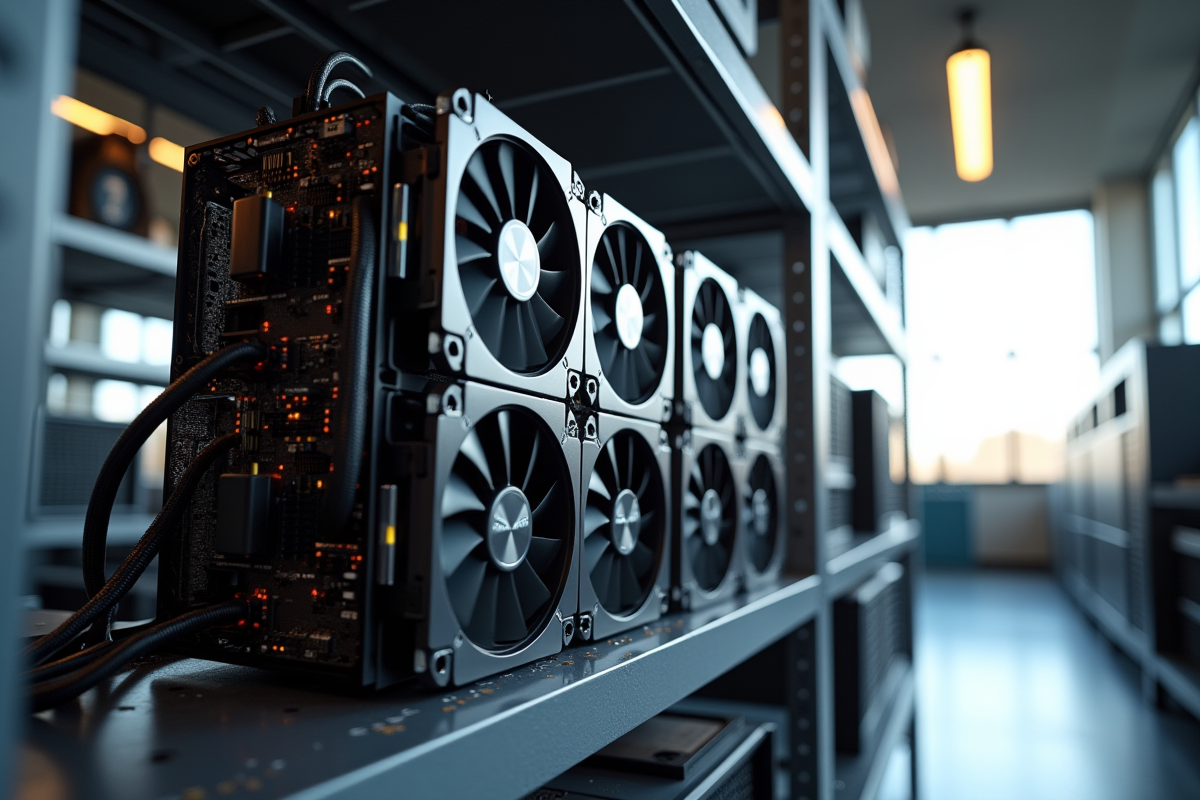 Rig de minage personnalisé avec six GPU en intérieur lumineux