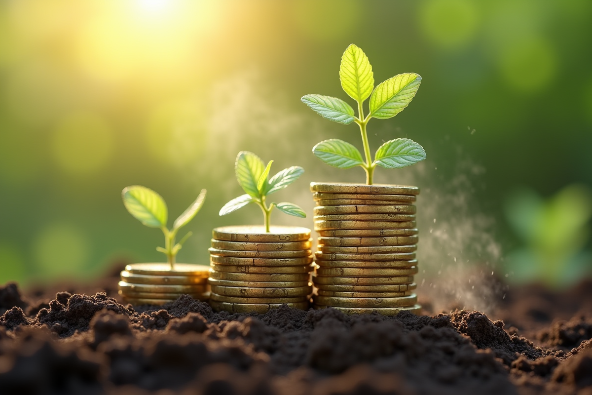 Pièces d or et billets de dollar poussant dans la terre au lever du soleil