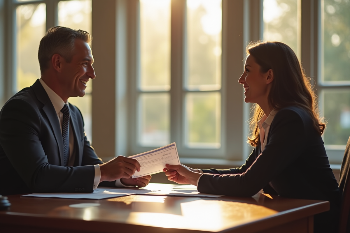 Notaire remettant un chèque et documents à un client souriant
