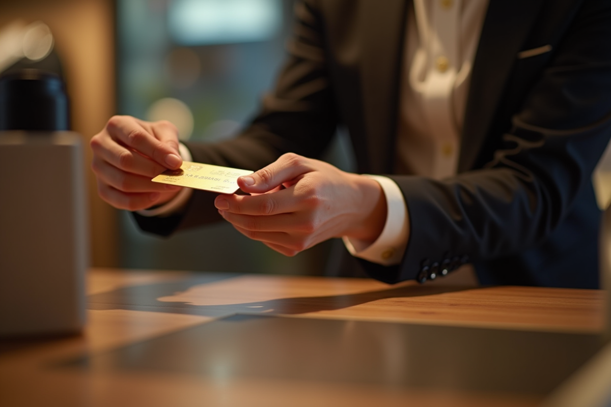 Personne élégante effectuant un paiement sans contact avec une carte or