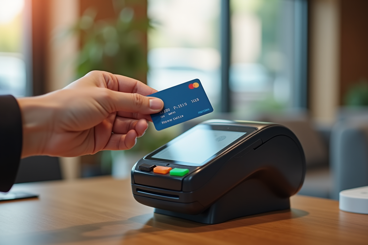 Mains tenant une carte sans contact sur un terminal moderne