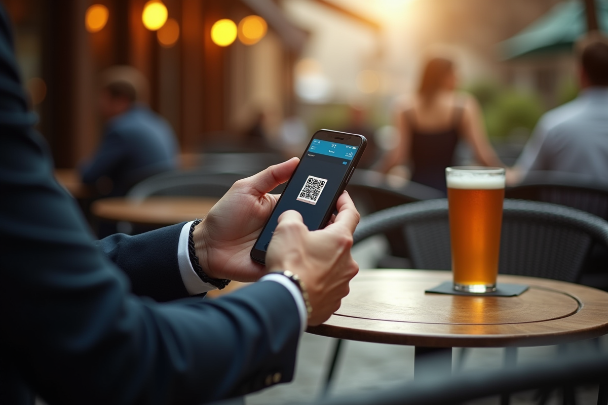 Personne utilisant un smartphone pour payer par QR code en extérieur