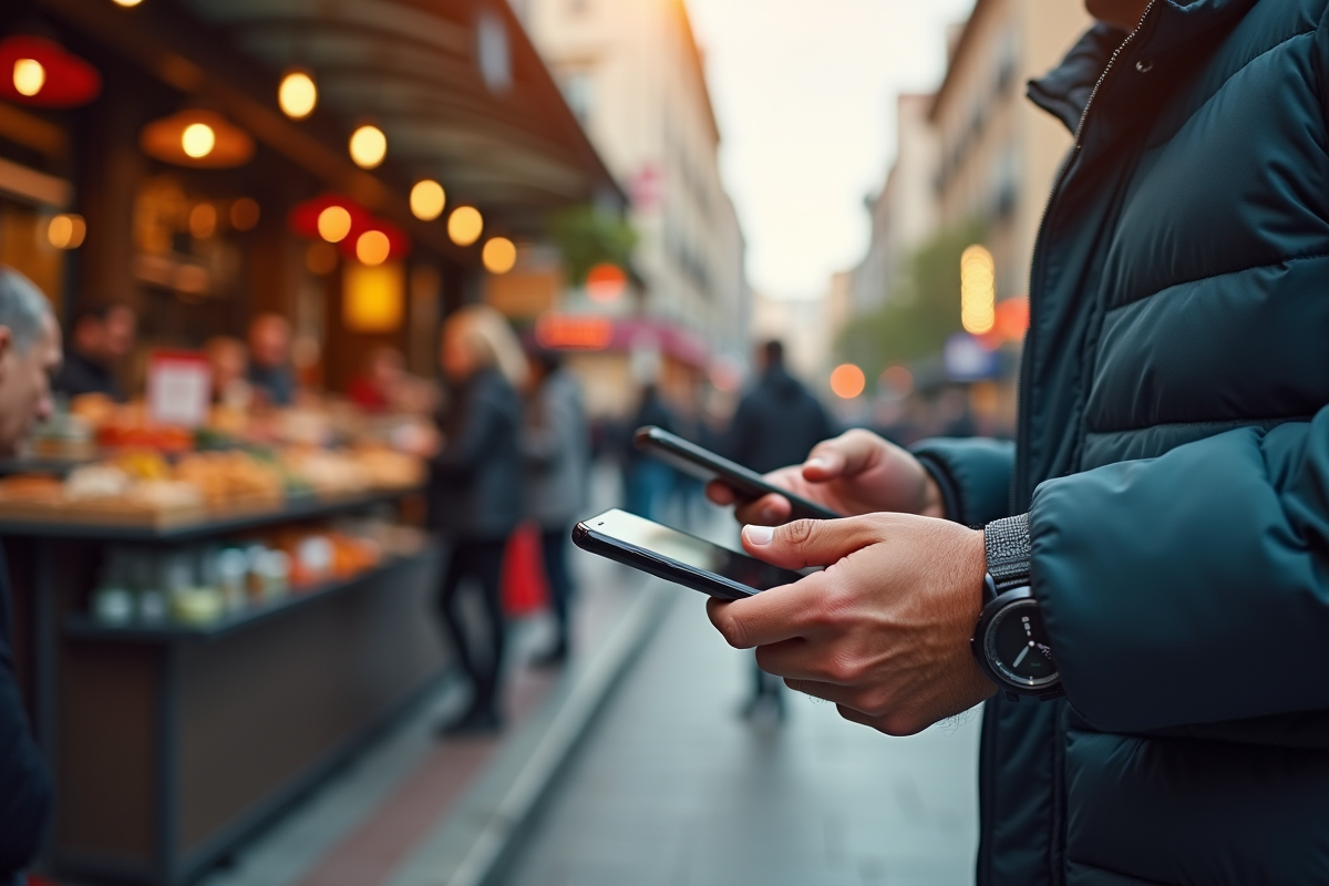 Gens utilisant paiements sans contact avec smartphones en milieu urbain animé