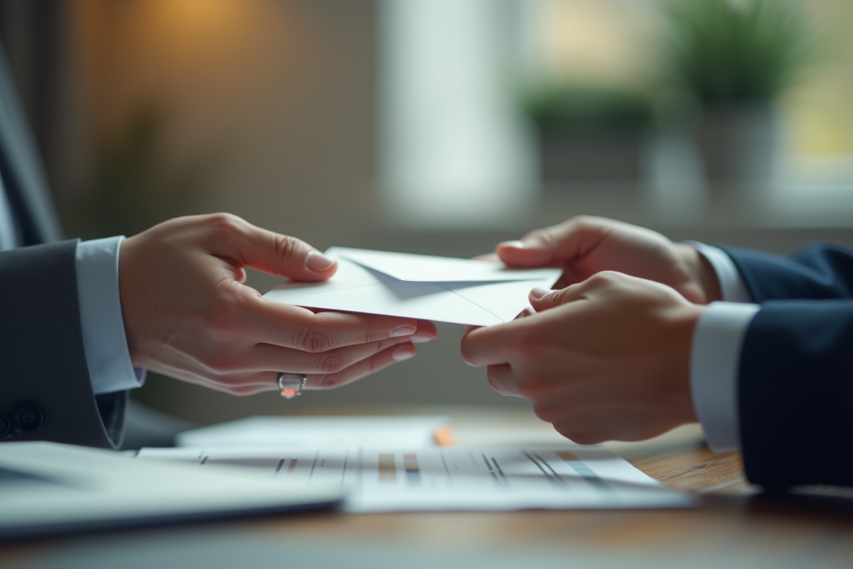 Main passant une enveloppe dans un bureau lumineux