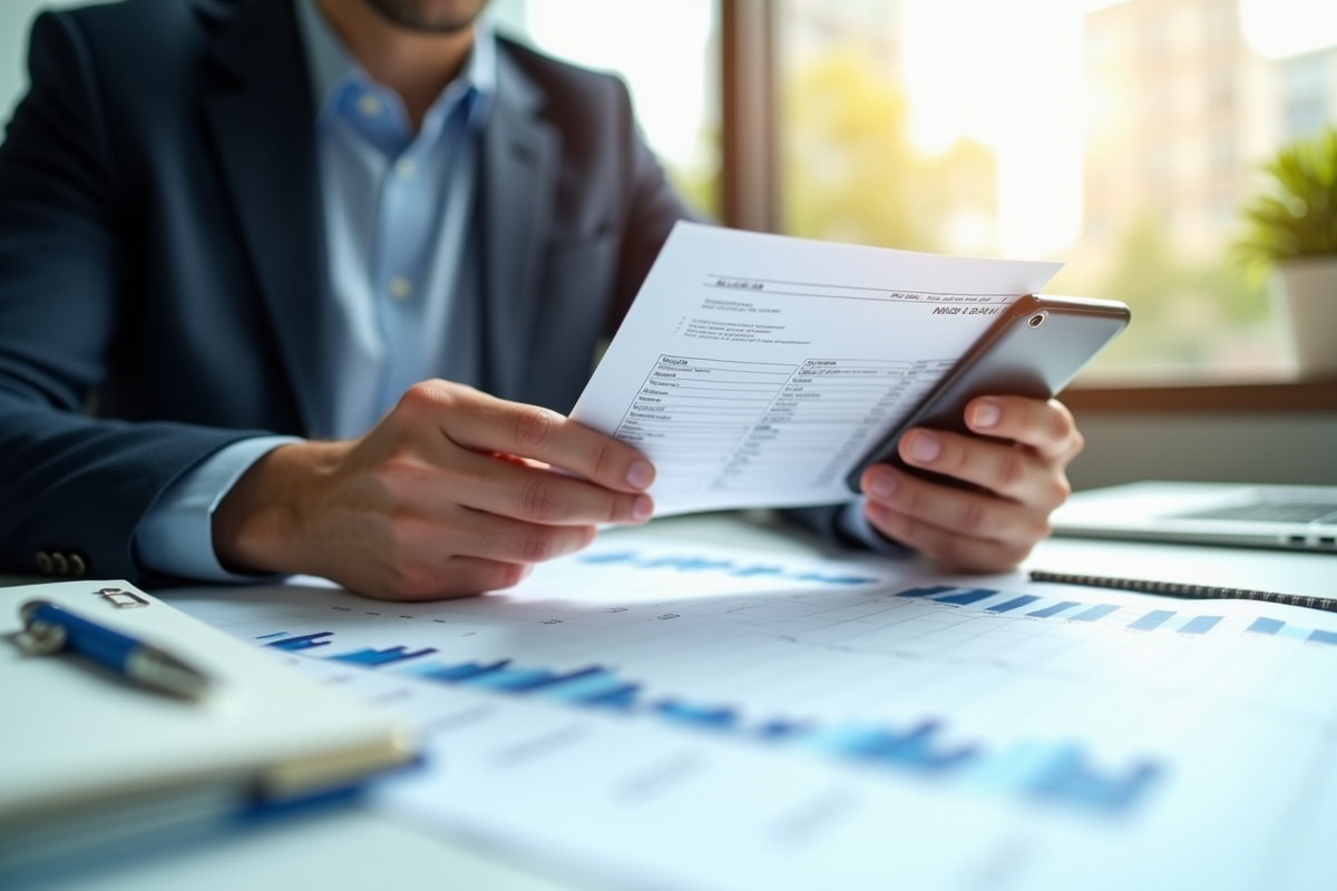Personne tenant un relevé bancaire et un smartphone sur un bureau lumineux