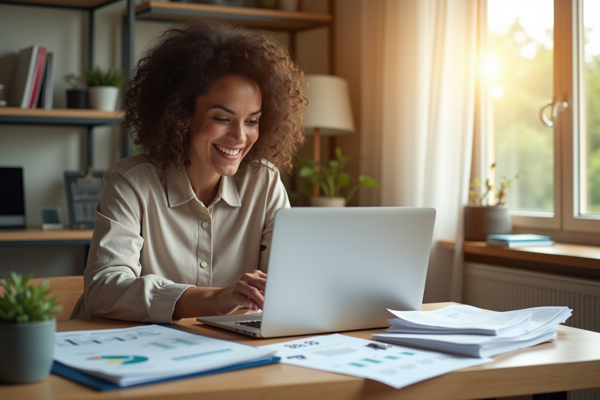 Personne organisant factures et ordinateur sur un bureau à la maison