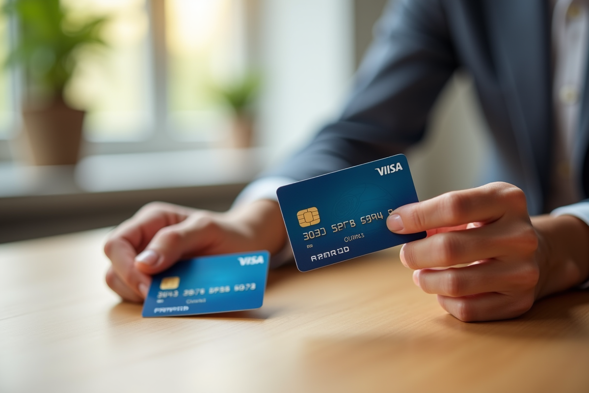 Personne tenant deux cartes bancaires Visa et prépayée sur une table en bois