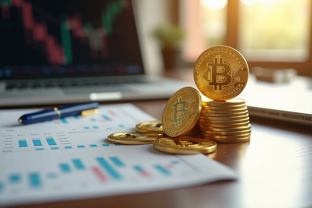 Pile de bitcoins en or sur bureau en bois avec graphiques financiers