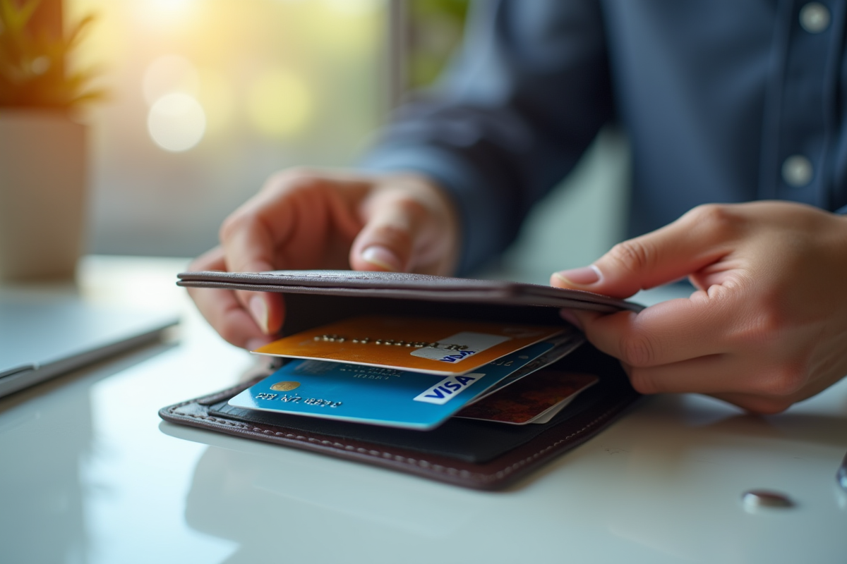 Portefeuille ouvert avec cartes Visa et prépayée sur un bureau lumineux