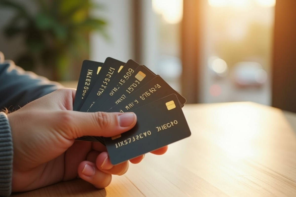 Main tenant plusieurs cartes prépayées sur une table en bois