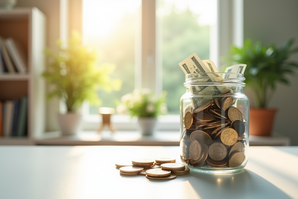Pot de coins et billets sur une table lumineuse