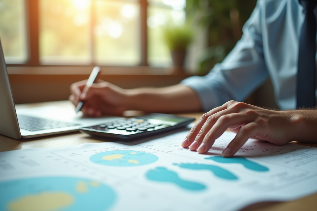 Professionnel moderne calculant la taxe carbone à un bureau lumineux