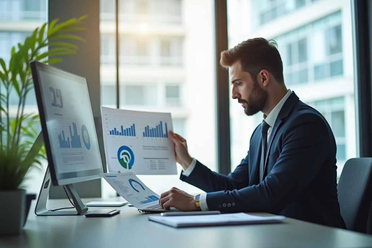 Professionnel en finance analysant des graphiques dans un bureau lumineux