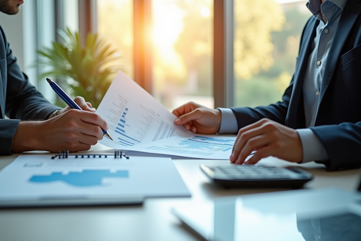 Deux professionnels analysant des documents financiers dans un bureau lumineux