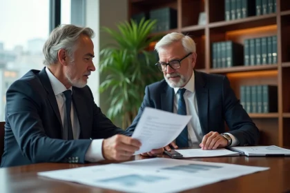 Homme et femme d'affaires examinant des rapports financiers