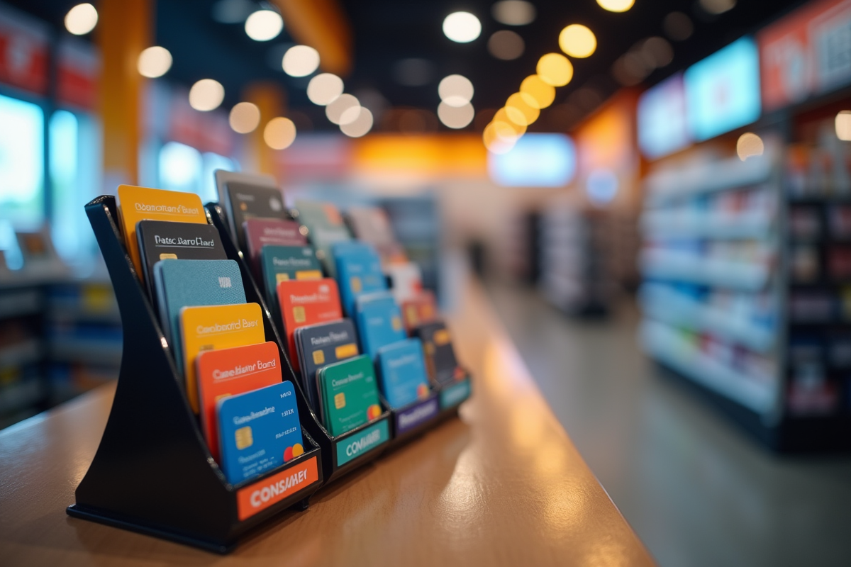 Comptoir de caisse lumineux avec rayonnage de cartes prépayées