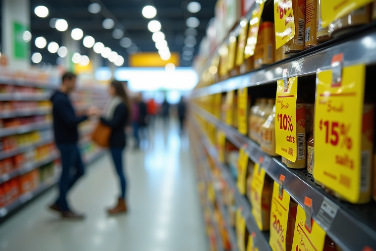 Clients comparant produits et prix dans un rayon lumineux du magasin