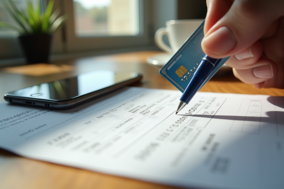 Relevé bancaire avec une carte American Express et un smartphone sur une table en bois