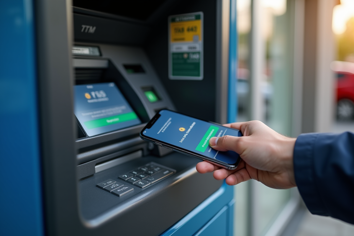 Main insérant une carte bancaire dans un ATM avec notification crypto