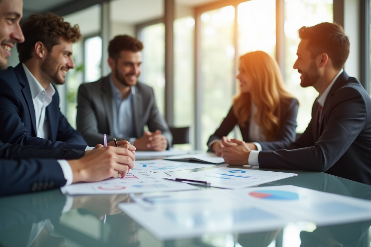 Groupe de professionnels discutant de graphiques financiers en réunion