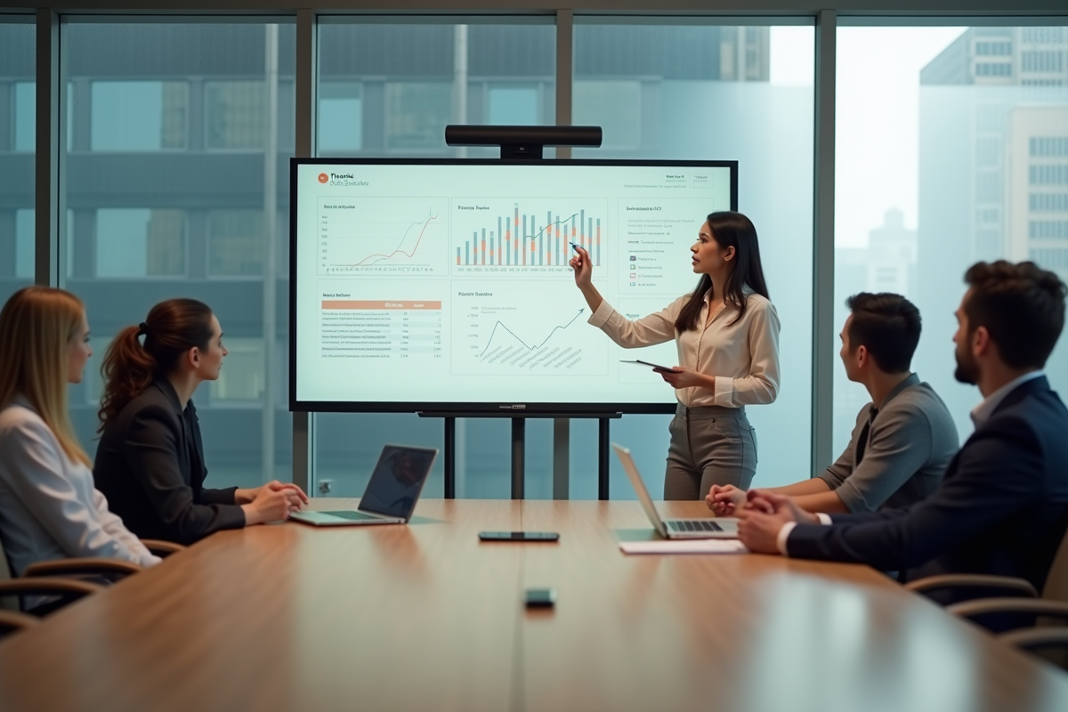 Jeune femme expliquant résultats financiers en réunion