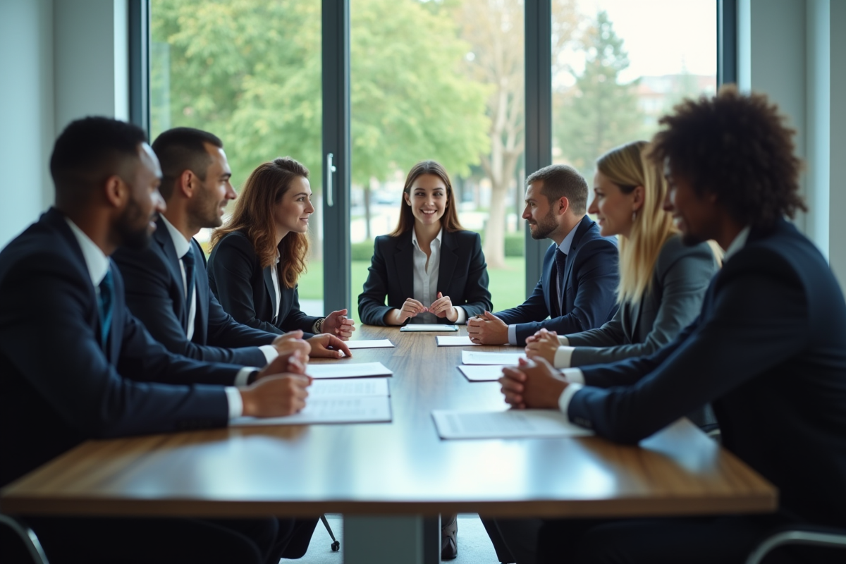 Groupe de professionnels en réunion d'assurance en bureau lumineux