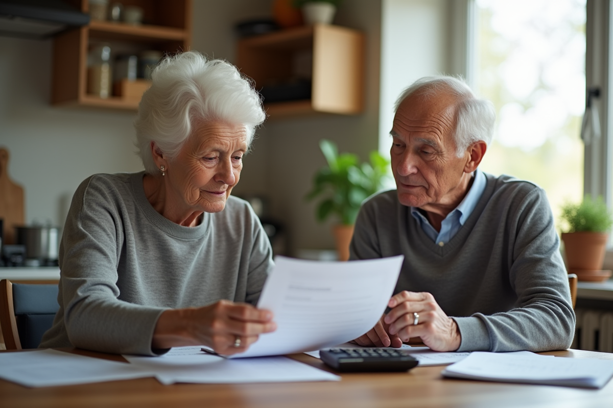Couple senior examinant des documents à la maison