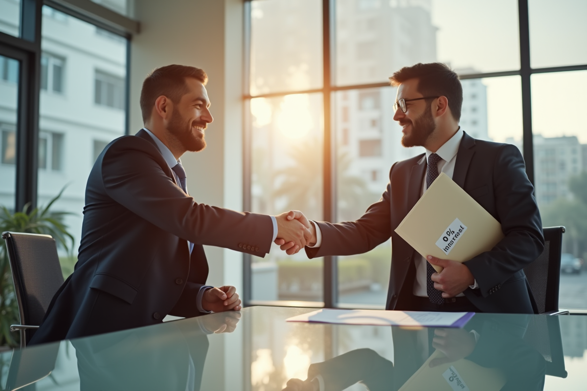 Poignée de main entre deux professionnels en bureau ensoleille