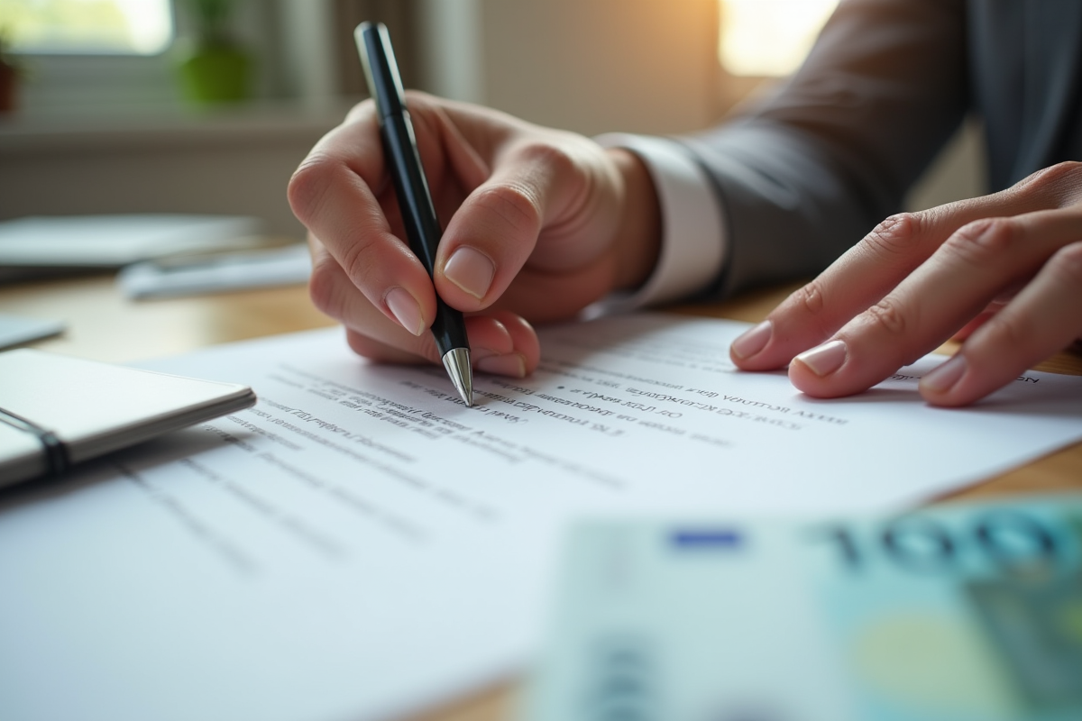 Mains signant un contrat de prêt avec des billets de 10000 euros