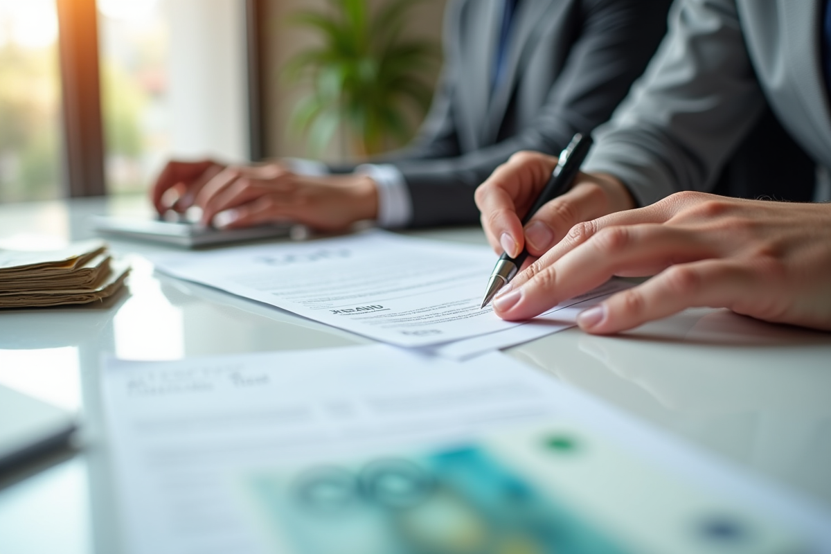 Mains signant un document financier avec des euros et papiers