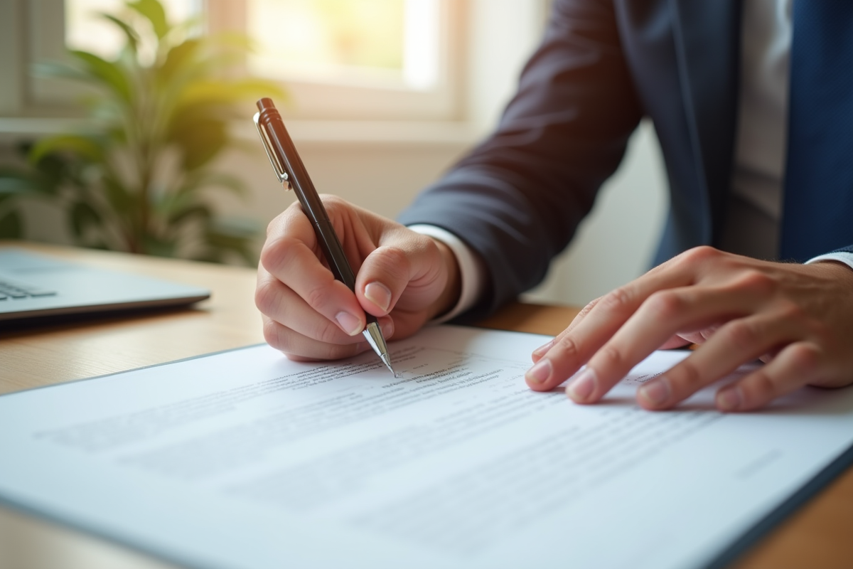 Mains signant un contrat de pret avec stylo élégant sur bureau clair