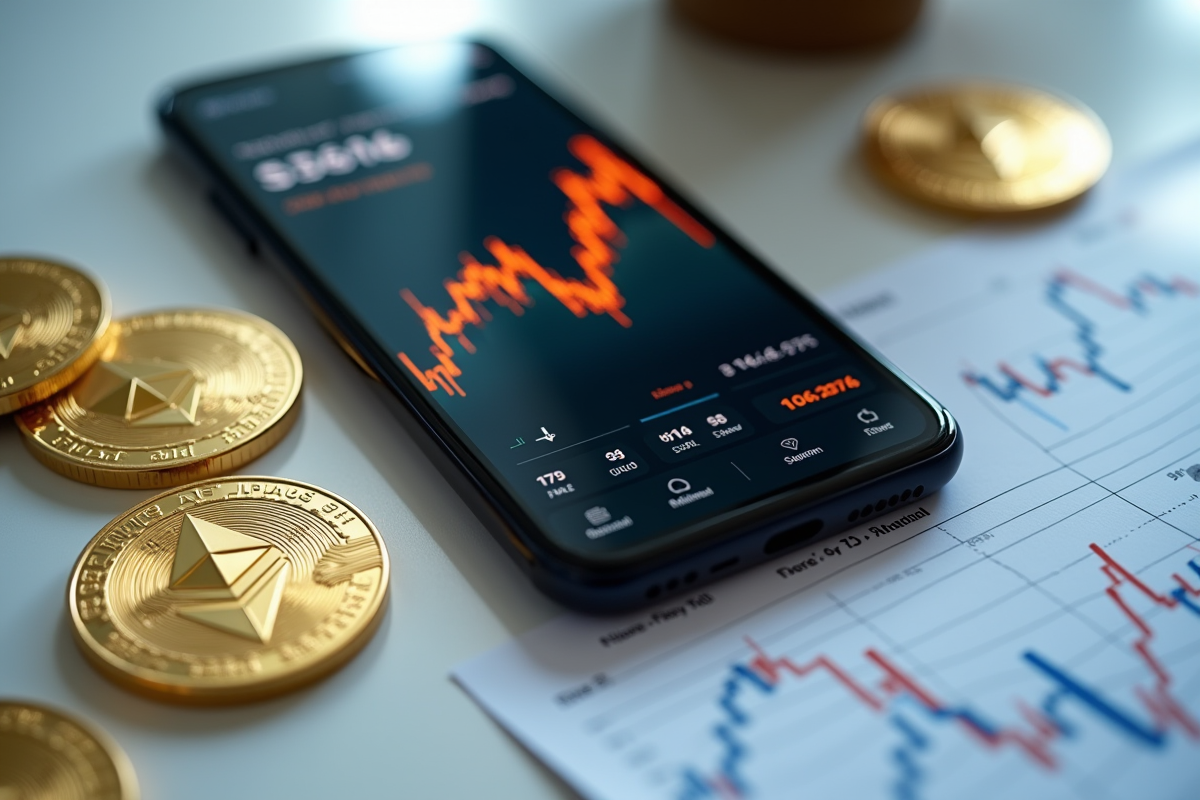 Zoom sur smartphone avec chute Ethereum et pièces d