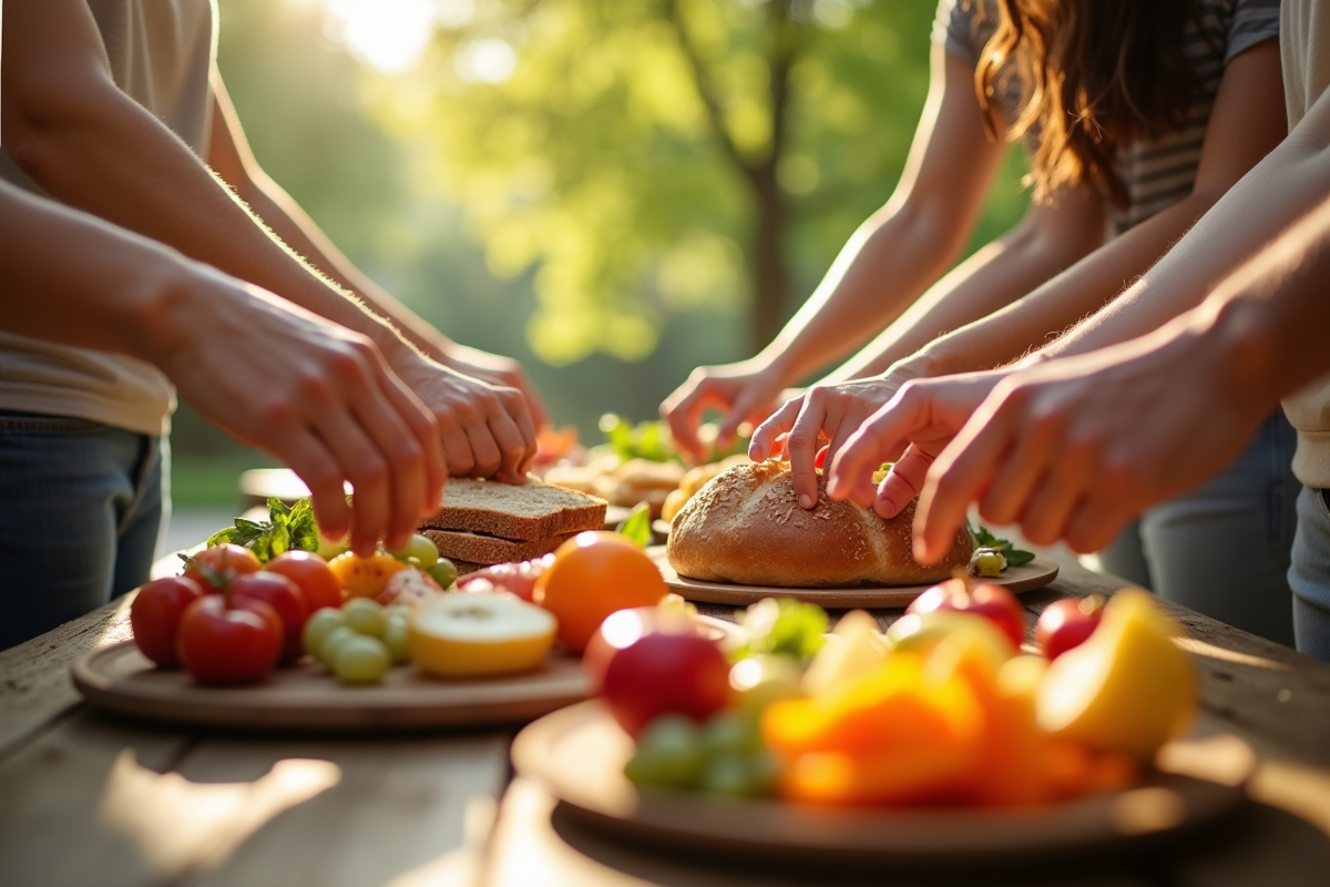 Groupe de personnes partageant des fruits et pain en plein air