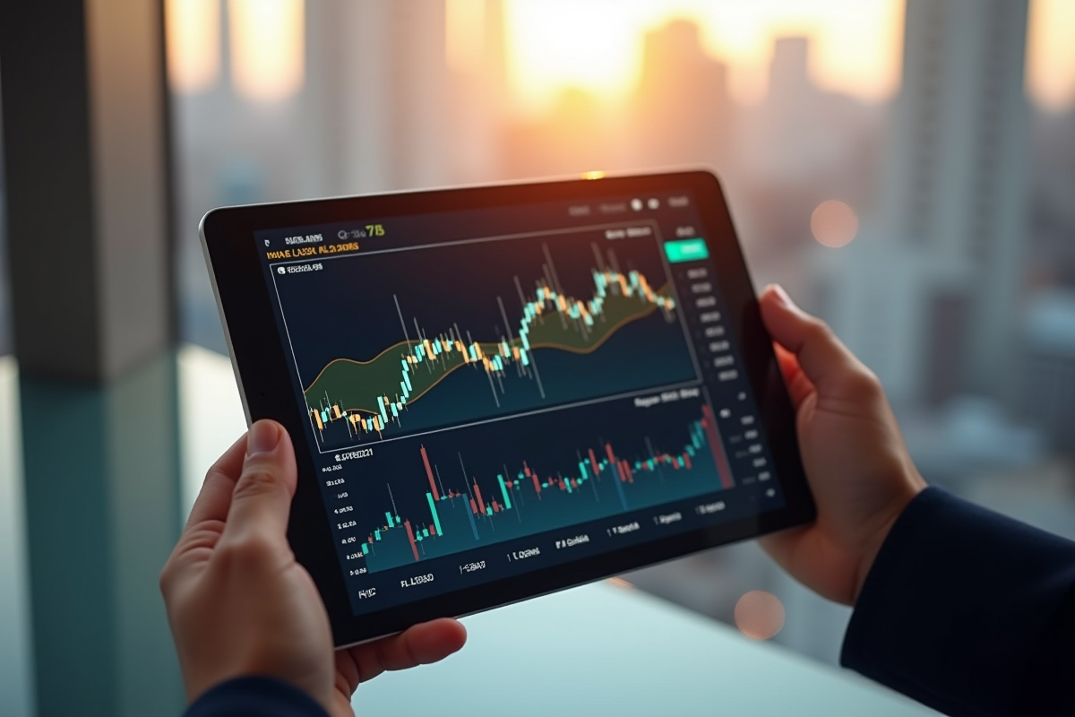 Mains tenant une tablette avec graphiques financiers et chandeliers