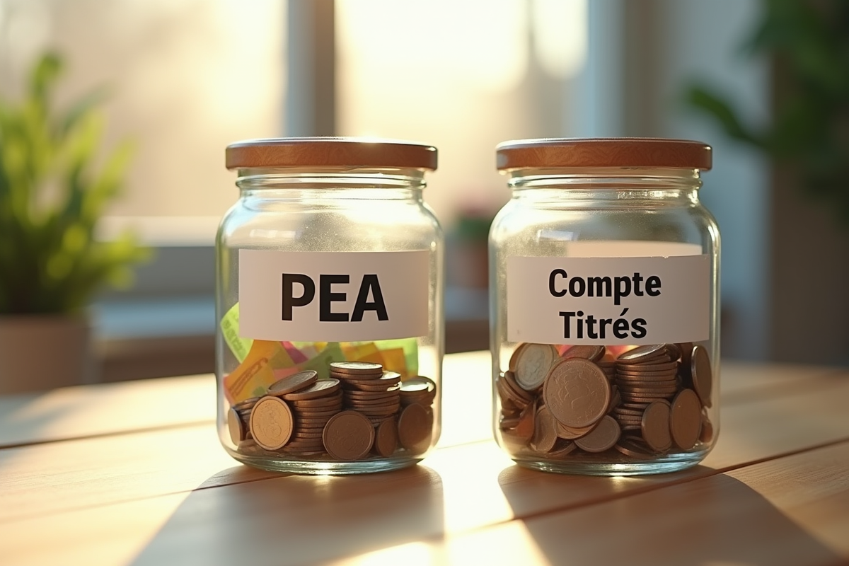 Deux tasses avec pièces et billets sur table en bois