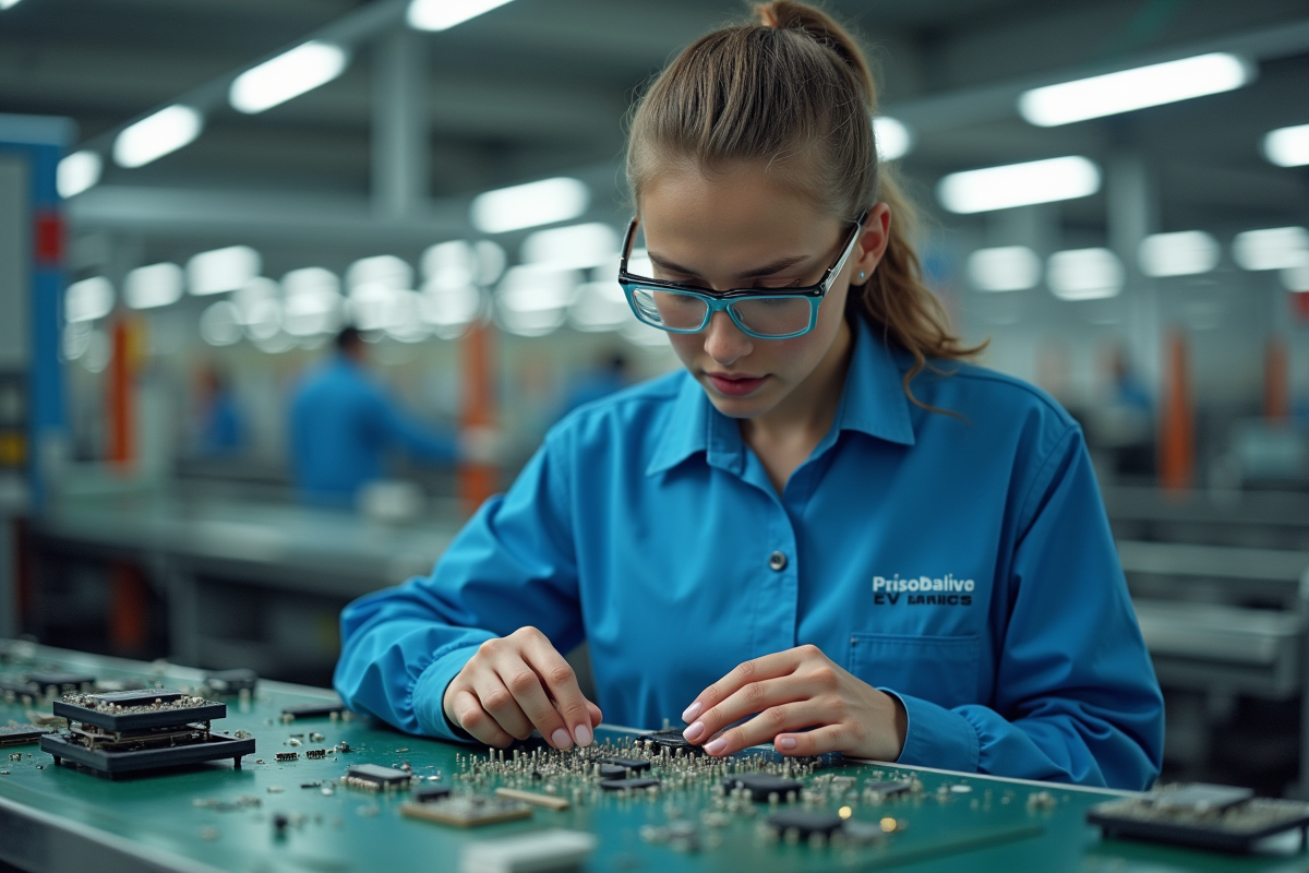 Jeune technicienne inspectant un circuit imprimé en usine