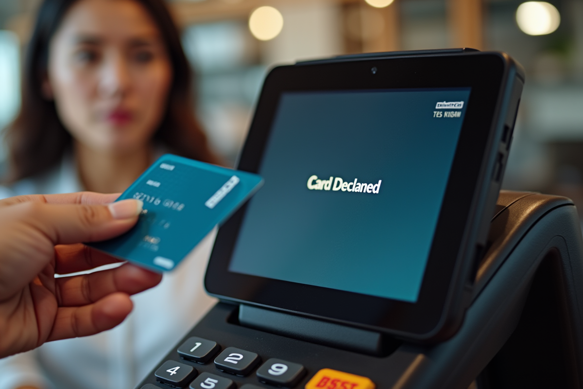 Ecran de terminal bancaire affichant carte refusee avec client surpris